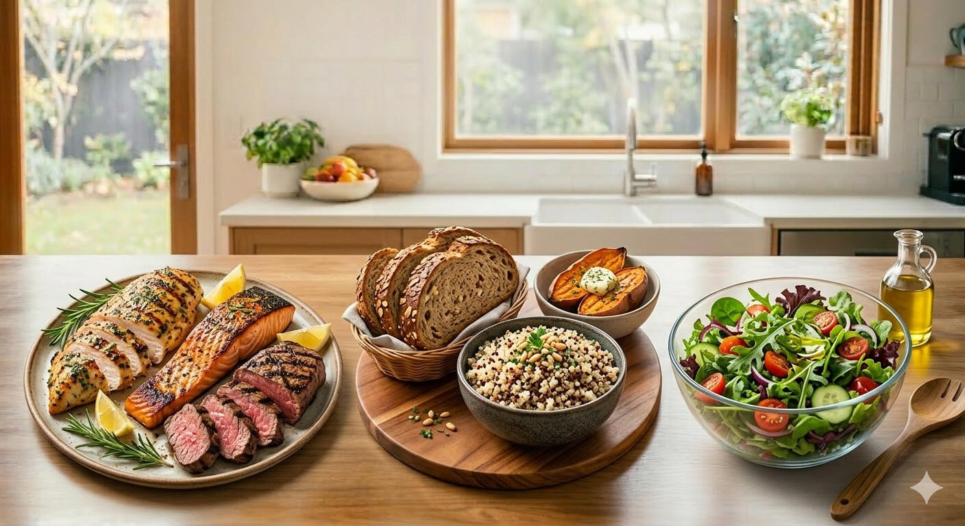 healthy-lunch-options-over-40 Simple balanced meals including eggs, chicken salad, salmon, vegetables and healthy snacks