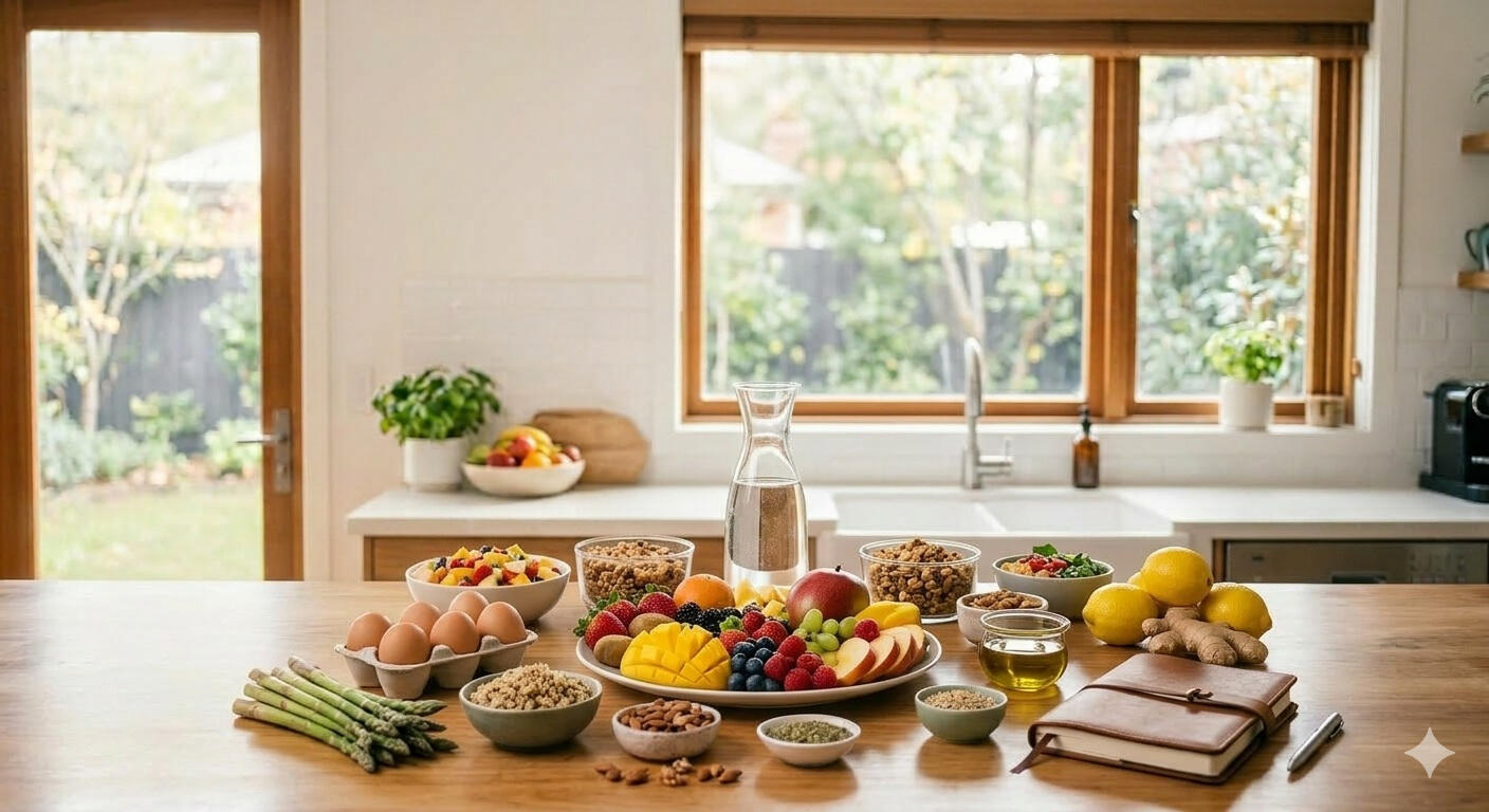 hormone-support-natural-foods-men-over-40 Healthy natural whole foods including salmon, eggs, avocado, greens, and berries supporting hormone balance