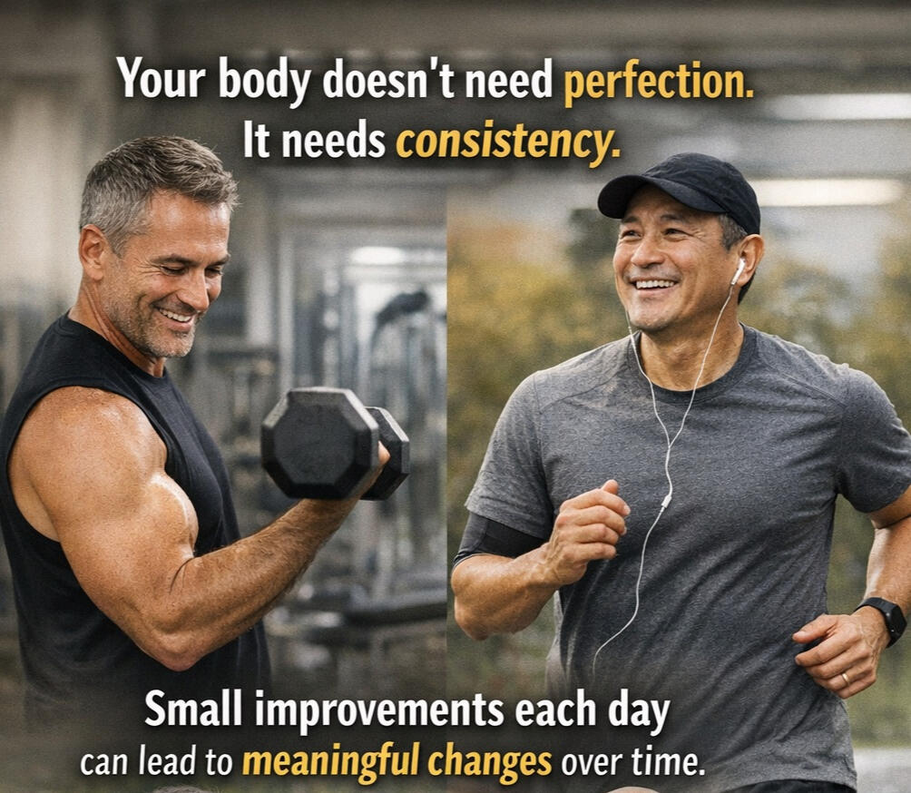 middle-aged-men-consistency-fitness-energy Middle-aged men exercising consistently, including weight training, running, and push-ups, representing strength, confidence, and daily healthy habits