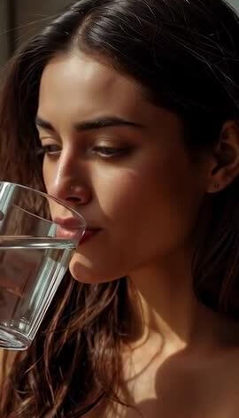 hydration-women-over-40-morning-routine middle aged woman drinking water by window in the morning sunlight