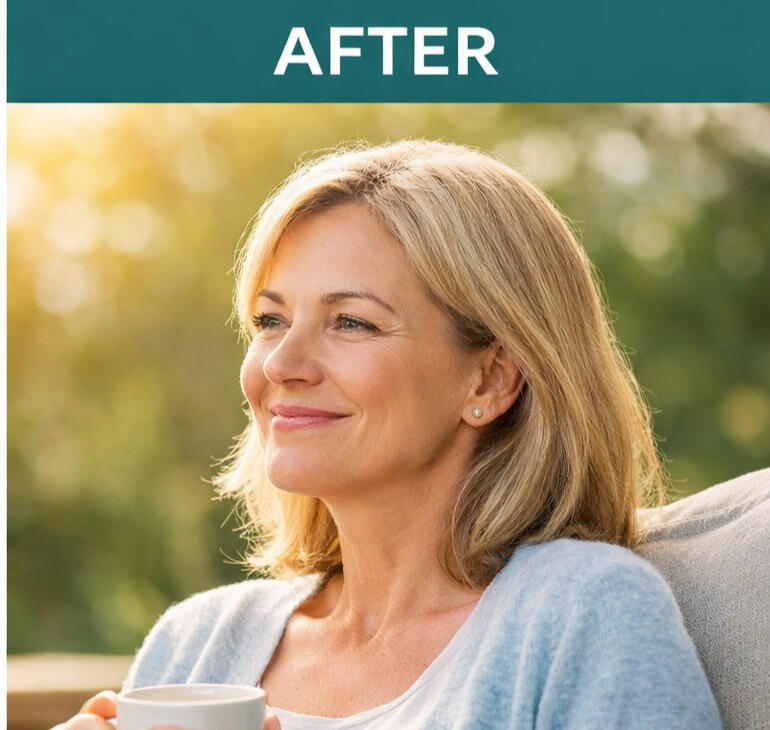 stress-relief-women-over-40-relaxing-home middle aged woman relaxing on sofa with tea in a cozy home environment